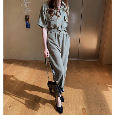 Army Green Летний комбинезон для женщин Модный квадратный воротник пояс с высокой талией оснастки комбинезон женские корейские повседневные свободные шаровары комбинезоны - Цвет: Army Green