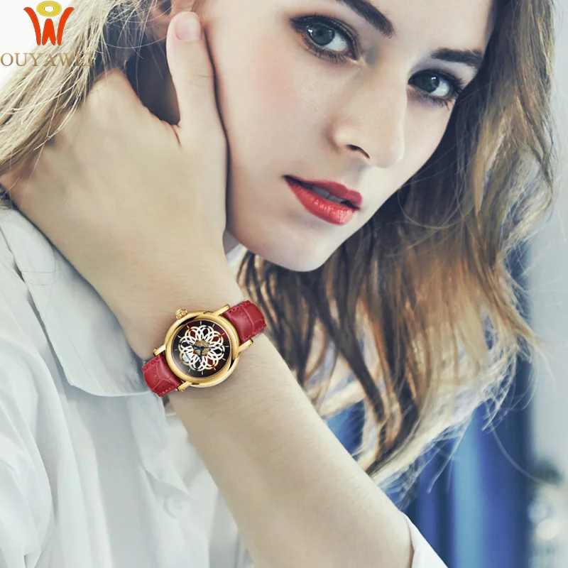 OUYAWEI женские модные часы Montre femme полые скелетоны автоматические механические