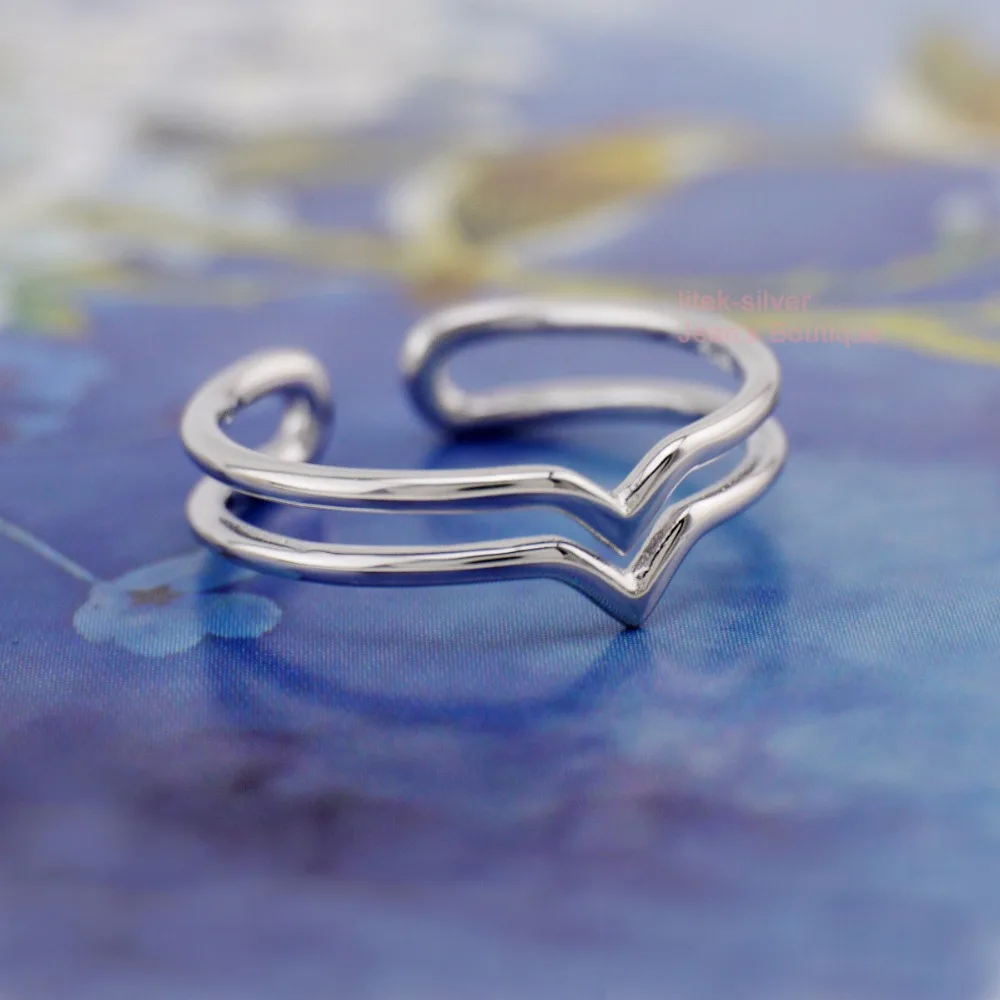 S92 Solid Sterling SIL Simple Double Layer Chevron V Stacking Adjuatable Ring A3598 | Rings