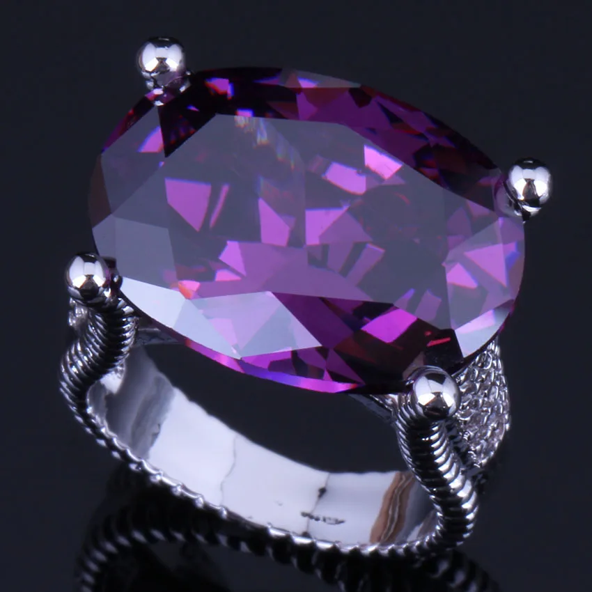 Fancy Huge Oval Egg Purple Cubic Zirconia Silver Plated Ring V0575