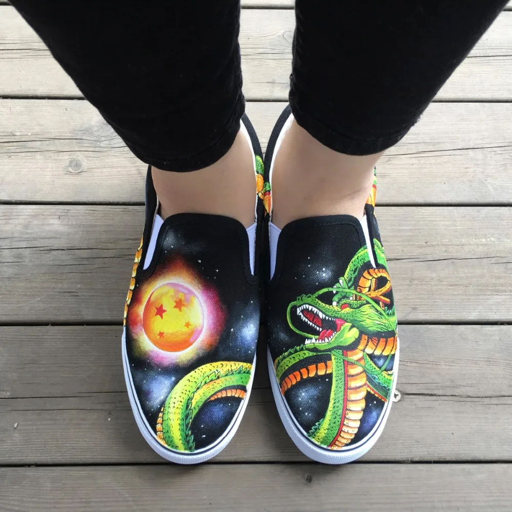 Вэнь ручная роспись обувь на заказ Аниме Жемчуг дракона Зеленый Shenron слипоны на плоской подошве парусиновые кроссовки Низкий верх платформа плимсоллы