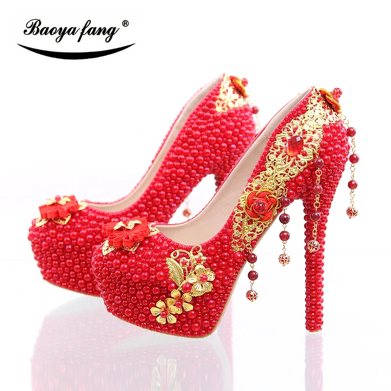 BaoYaFang New arrival Luxury red pearl beads heel shoes womens wedding shoes Bride high heels party shoes Gold tassels Pumps