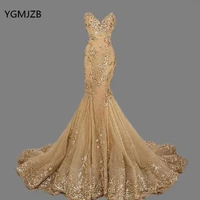 elegant gold mermaid evening dress 2019 sweetheart beaded crystal lace floor length arabic women long formal prom evening gowns