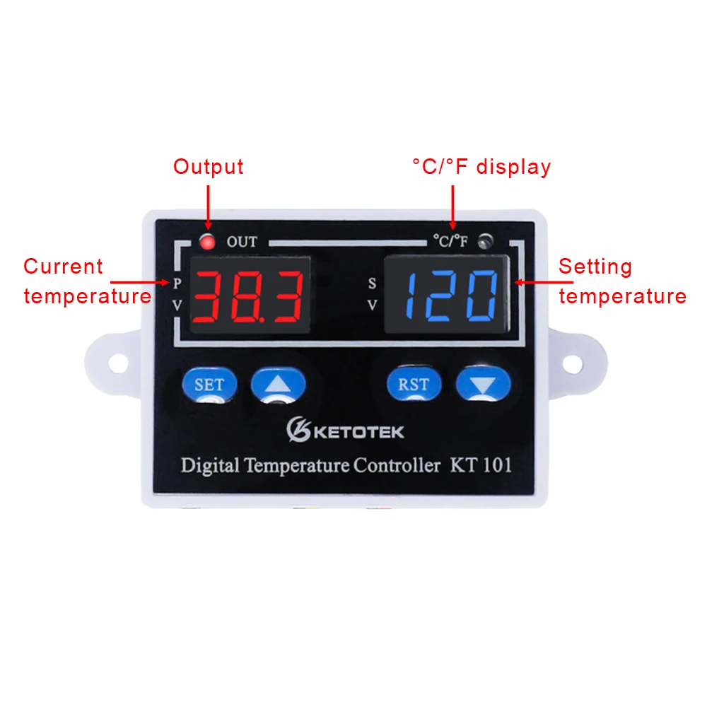 KT101 C/F цифровой термостат Температура контроллер 10A прямая Выход инкубатор Температура регулятор 110 В 220 В, 12 В, 24 В постоянного тока