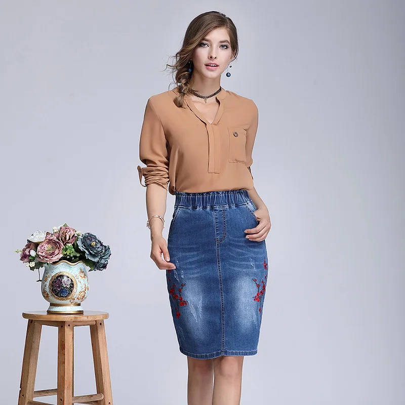 Fashion Denim Skirts Womens High Waist Embroidery Pockets Button Skirt Female 2019 Summer Casual | Женская одежда