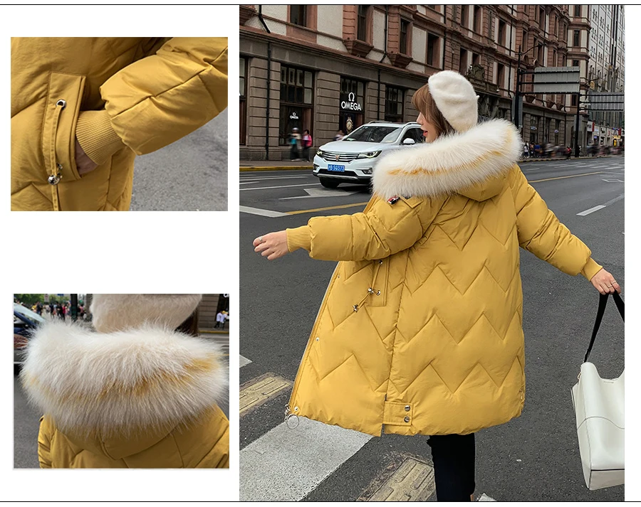 Женское пальто негабаритных Harajuku Parkas длинные пуховые теплые куртки с хлопковой подкладкой зимняя одежда длинный рукав с карманом пушистые парки