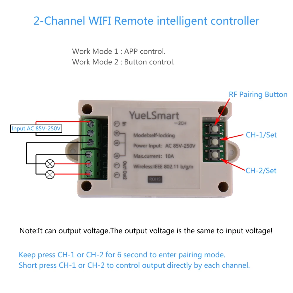 2-канальный 2,4G IoT Беспроводной WI-FI интеллигентая(ый) Управление выключатель AC 85 V-250 V 10A триггерный релейный модуль для смарт телефона