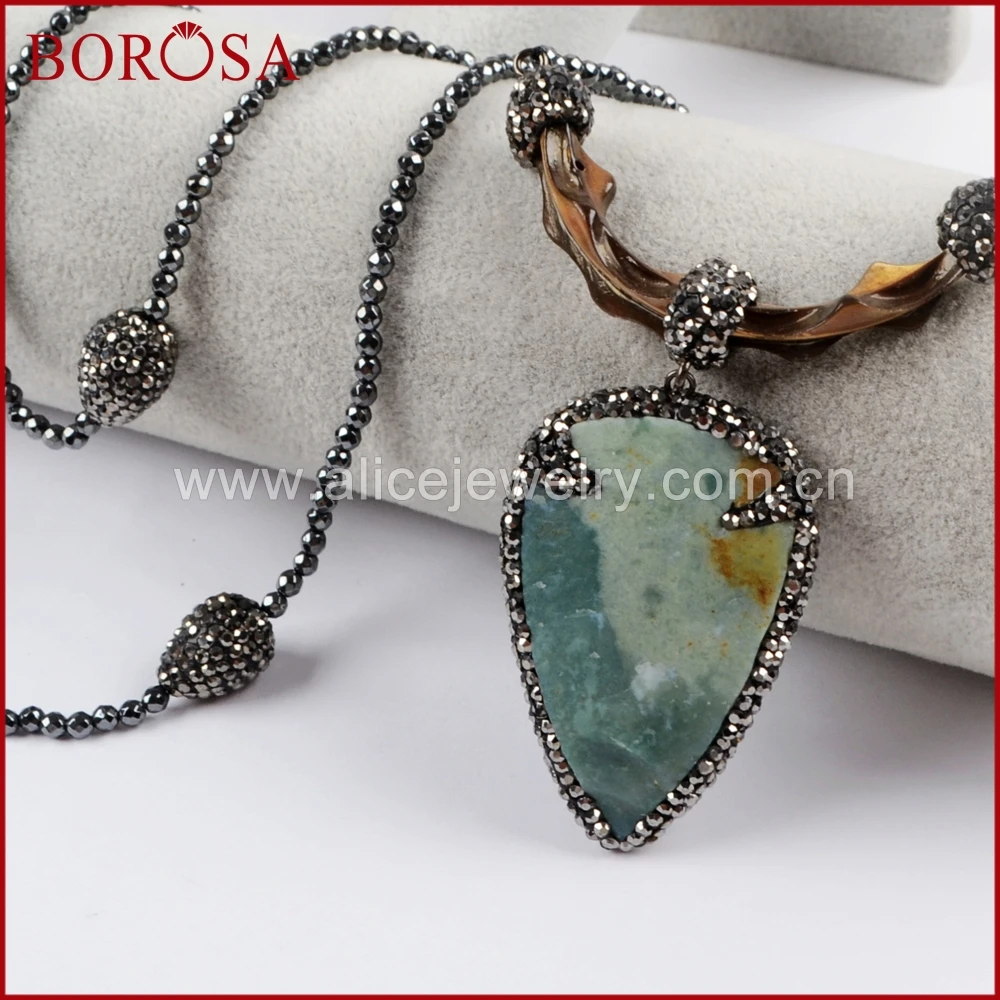 BOROSA 3PCS Rhinestone Pave Arrowhead Jaspers Pendant Necklace Drusy Long Black Beads 36'' for Women Wholesale JAB910 | Украшения и