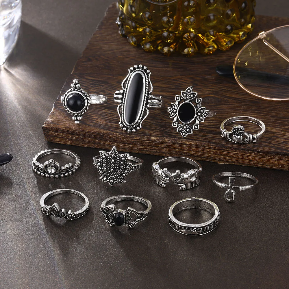 Boho, древний серебряный слон, комплекты колец на фалангу для женщин, новинка, Anillos, Ретро стиль, кристалл лотоса, опал, кольца на кончик пальца, Женские Ювелирные изделия