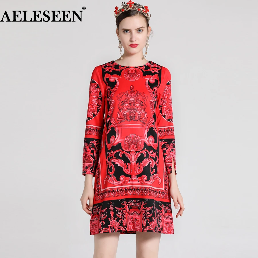 

AELESEEN Vintage Dress Autumn Long Sleeve Split Red/Yellow Backless dress Palace Print Straight Runway 2018 Elegant Women Dress