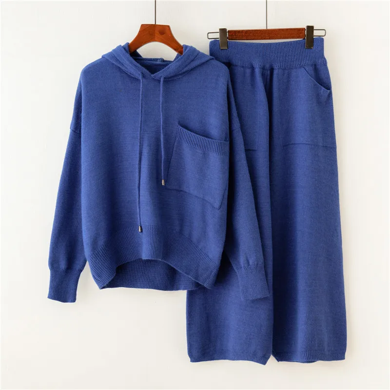

2 piece set women fashion long-sleeved hooded sweater autumn fashion knit top + wide leg pants suit female 2020 new suit