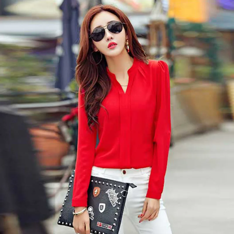 red Long Sleeve Shirt Women Autumn Clothing Fashion Slim Chiffon Blouse V Neck Korean Elegant Ladies Office Shirts White Red DF2324 - Цвет: red