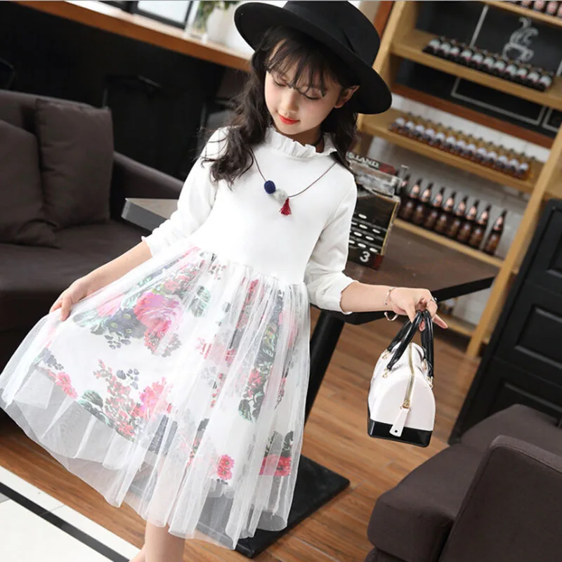 Girl Floral Elegant Dress 2018 New 3 4 6 8 10 12 Years Kids Spring Long Sleeve Lace Gauze Teens Party Dresses Children's Clothes | Детская
