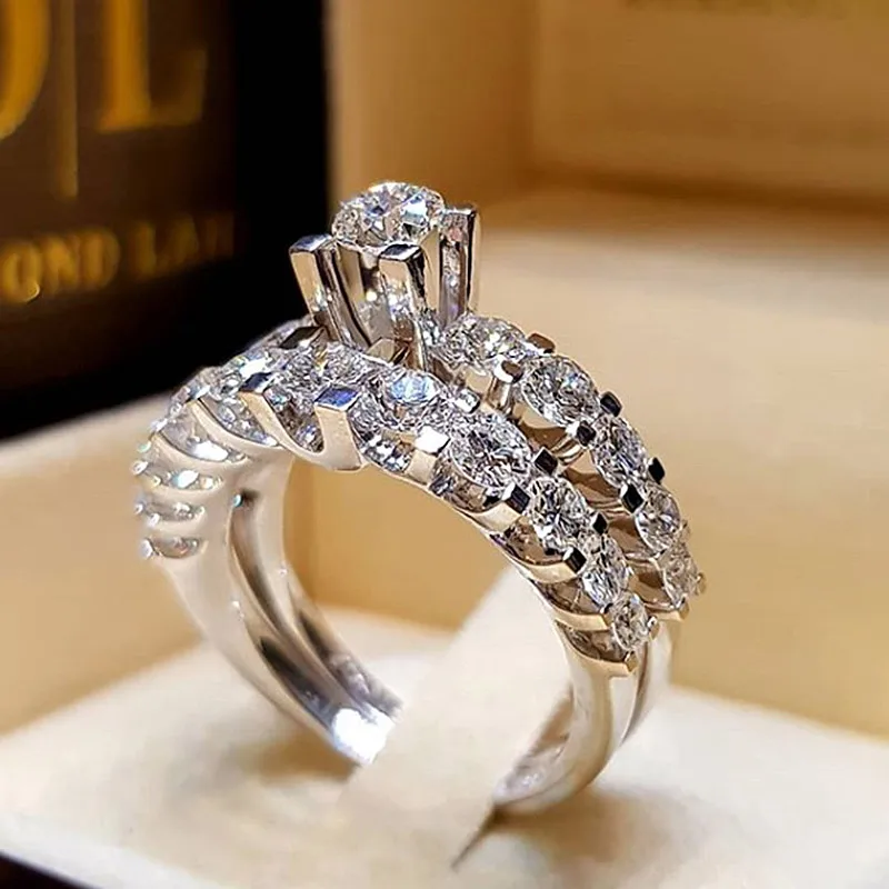

USTAR 2pc/set CZ crystals Promise Wedding Rings set for women Retro Fashion jewelry silver Plated Engagement Rings Female Anel