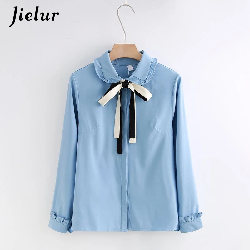 Jielur Kpop Style Women's Shirt Lace-up Solid Color Work Wear Blouse Retro Long Sleeve Womens Tops and Blouses Blusas Mujer S-XL |