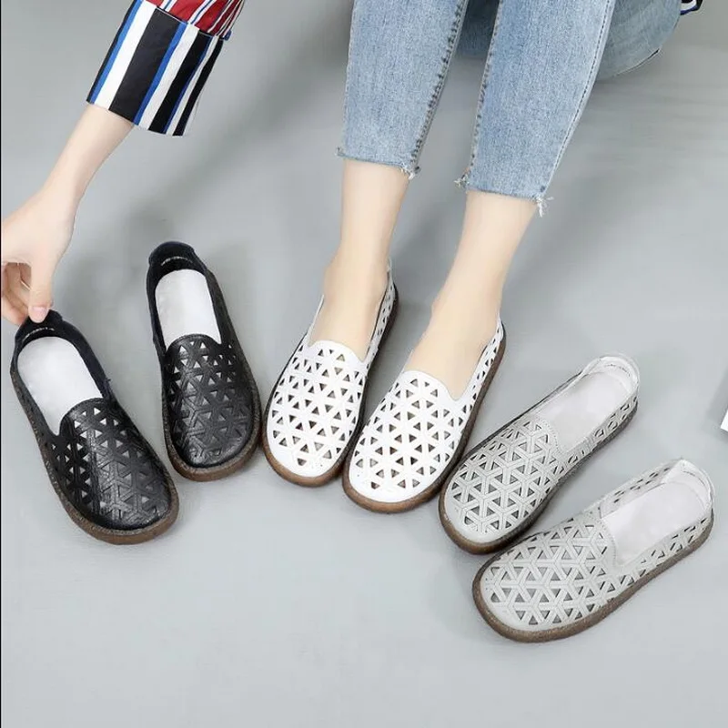 

Women Flats Genuine Leather Ladies Sneakers Shoe Women Casual Shoes Female Summer Hollows White Loafers Leisure Leather Sandals