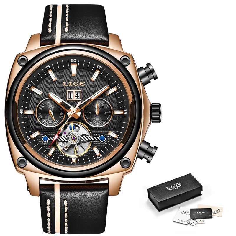 LIGE Брендовые мужские часы автоматические механические Tourbillon спортивные кожаные