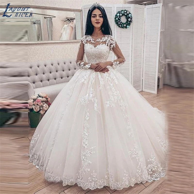 LAYOUT NICEB Illusion Long Sleeves Ball Gown Wedding Dress 2020 Bridal Gown Lace Appliques vestido De Noiva Train robe de mariee