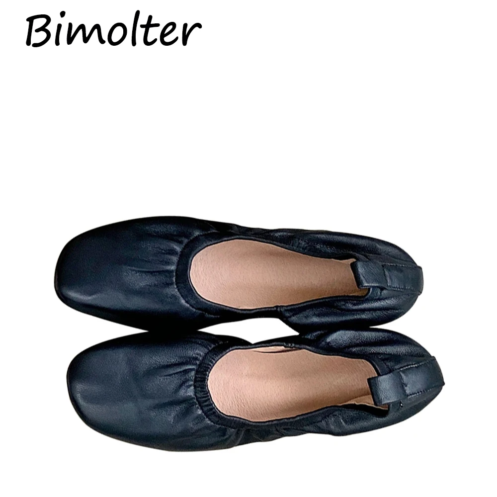 Bimolter/кожаные женские балетки на плоской подошве Zapatos De Punta Ballet Zapatillas черные