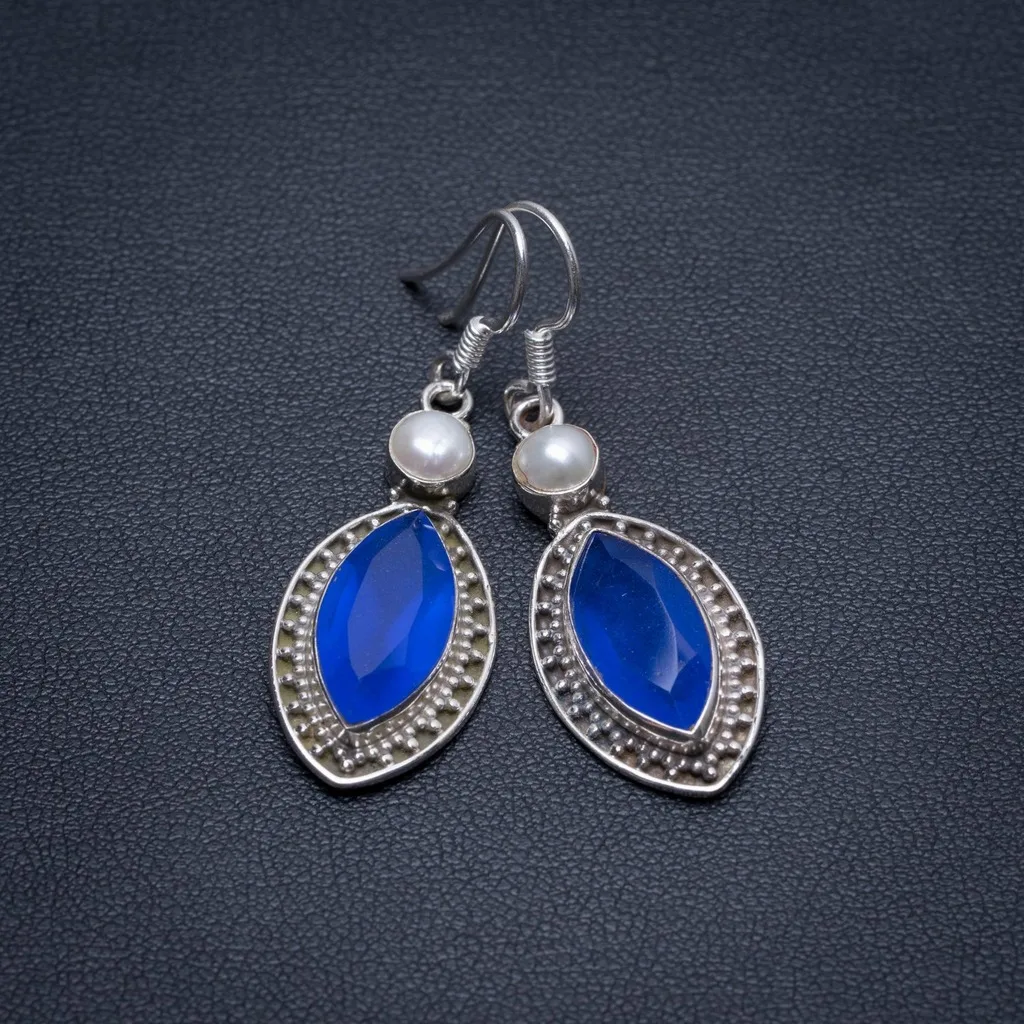 StarGems(tm) Natural Iolite and River Pearl Handmade Boho 925 Sterling Silver Earrings 1 3/4&quot S1509 | Украшения и аксессуары