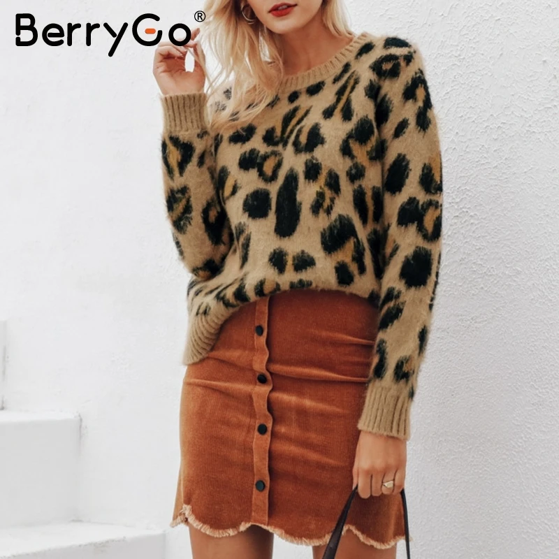 BerryGo Sexy leopard knitted long sleeve women sweater Female autumn winter pullover Casual o neck jumper femme 2018 | Женская одежда