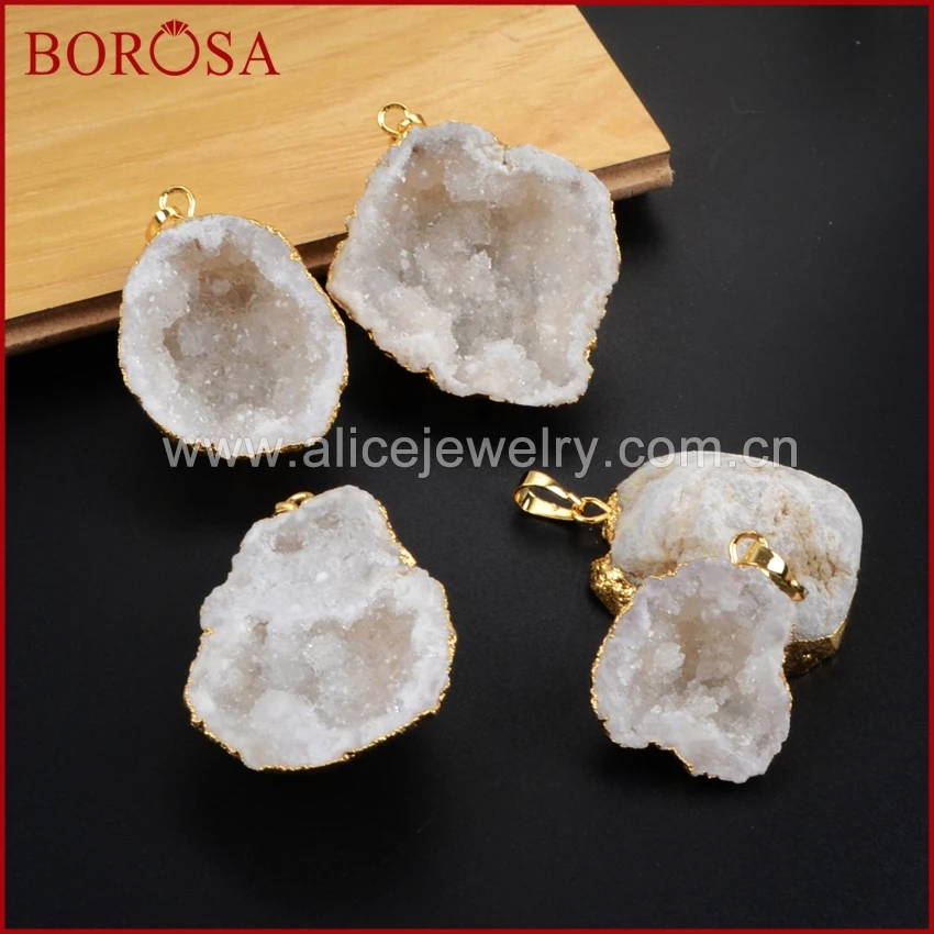 

BOROSA Crystal Drusy Pendant Beads for Necklace, Gold Color Edge Freeform Cave Shape Natural Druzy Pendant Jewelry Gifts G1187