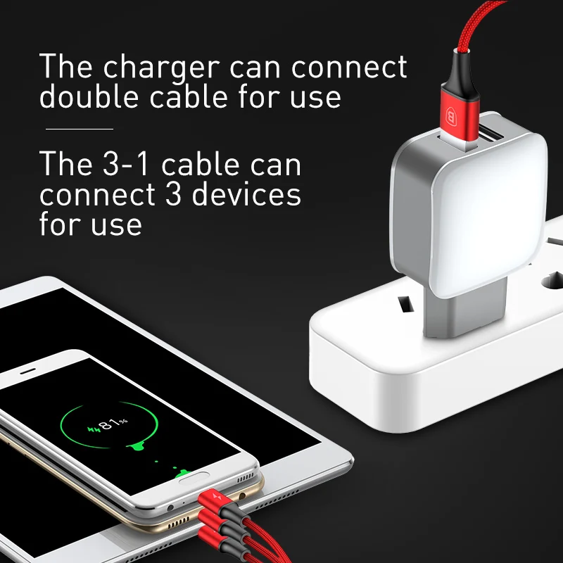 Baseus USB зарядное устройство Lighting + Micro Type C кабель для зарядки 2.4A универсальное