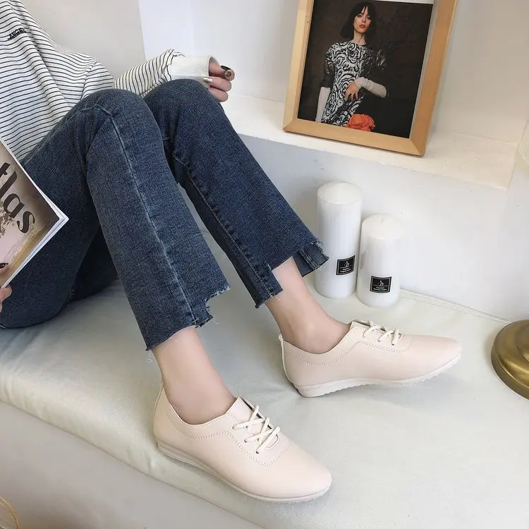 2019 New Leather Women Shoe Casual Shoes For Flat Ladies Lacing Loafers Zapatos Mujer E463 | Обувь