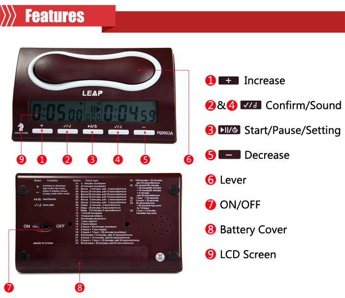 LEAP PQ9903A Многофункциональные цифровые шахматные часы Wei Chi отсчет вверх вниз шахматный Будильник Таймер Reloj Ajedrez Temporizador