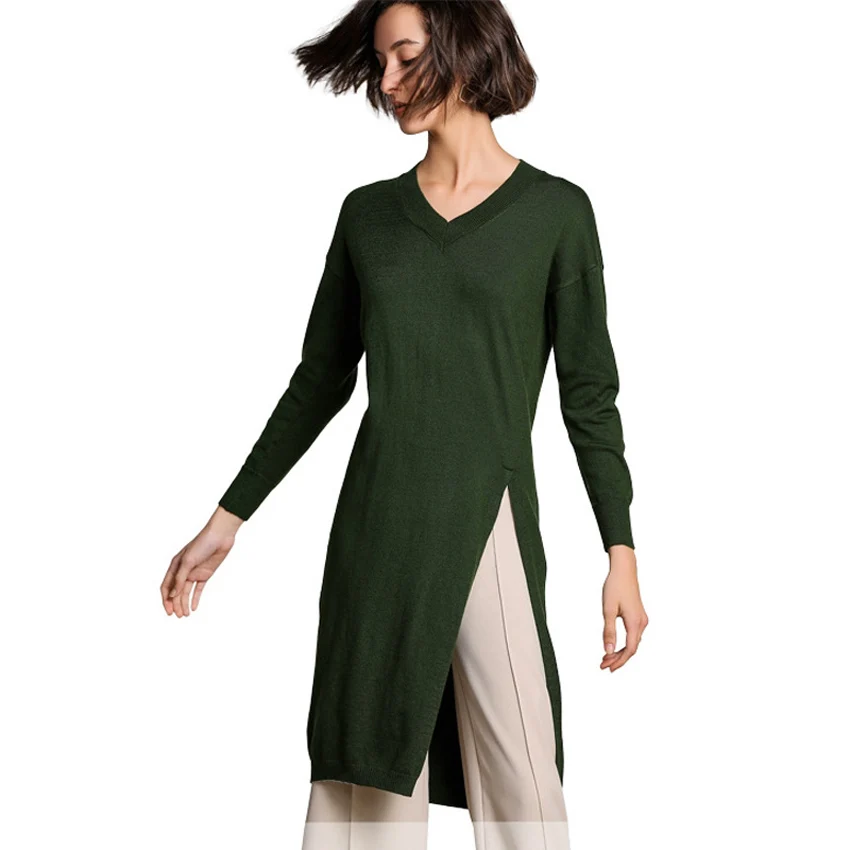 Вязаное кашемировое платье с разрезом сбоку свободный свитер длинным рукавом