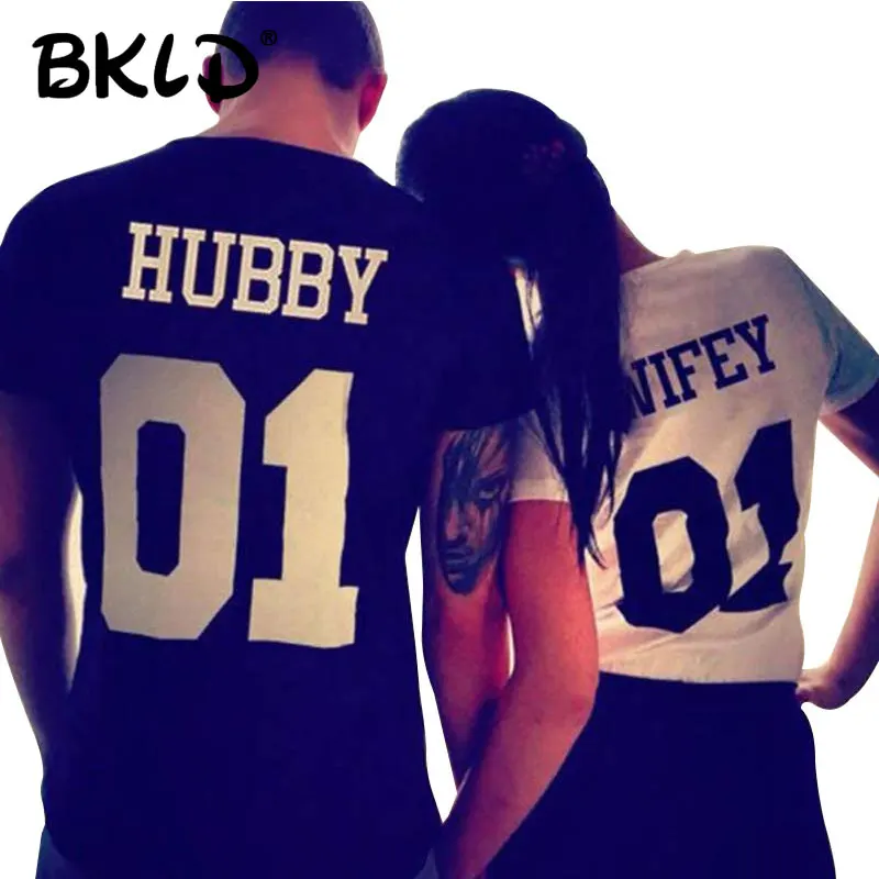 BKLD Печатный hubby01 wifey01 парная футболка для влюбленных мужчин женщин Топы Одежда
