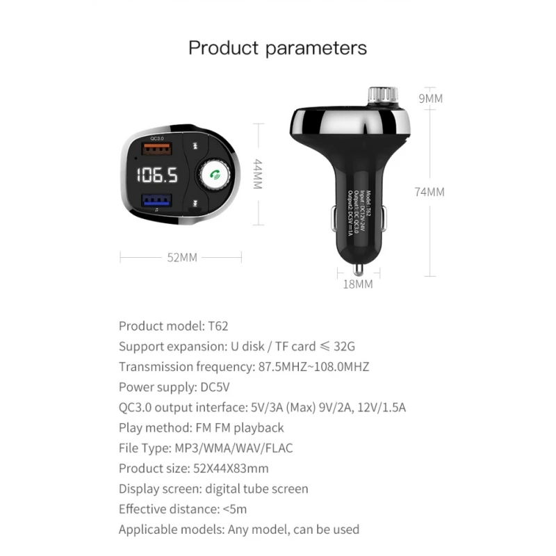 T62 Быстрая зарядка 3,0 автомобильный Bluetooth fm-передатчик с двумя портами usb QC3.0 автомобильное зарядное устройство fm-модулятор MP3-плеер Автомобильная Зажигалка Handfree