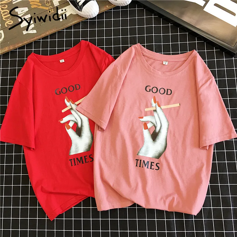 Женская футболка в стиле Харадзюку Корейская большого размера розовая из 100%