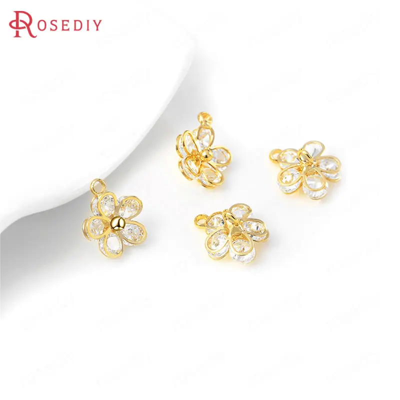 (35804)6 шт. 10x12 мм латунный и циркониевый цветок сливы цвета 24-каратного золота