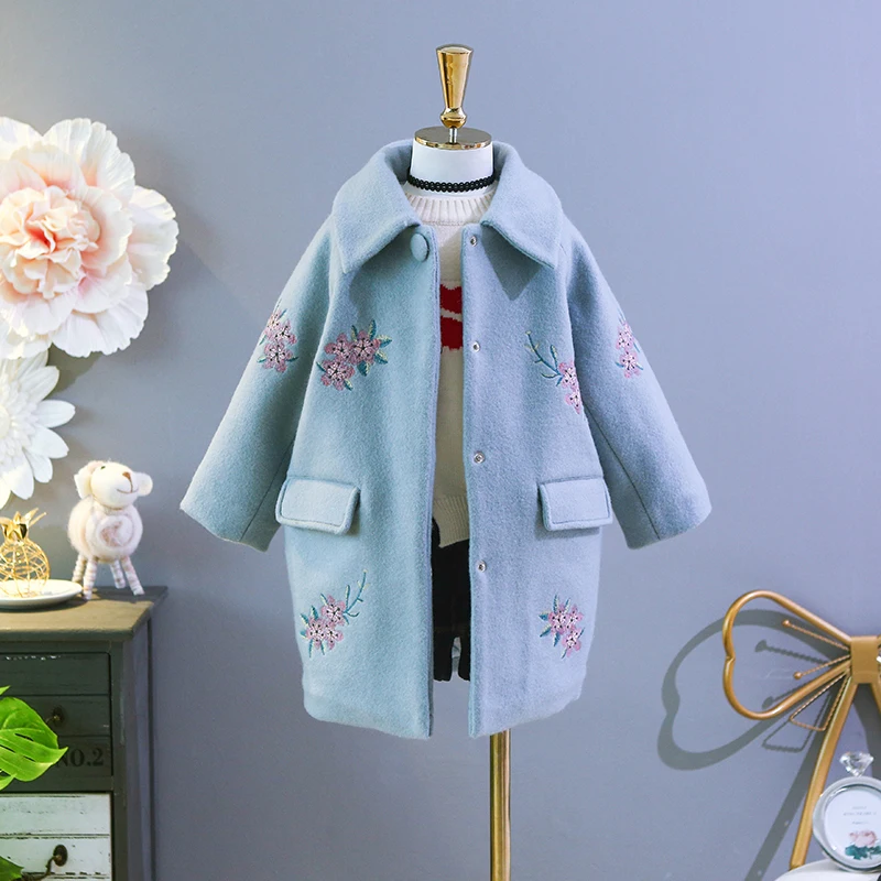 Girls Wool Overcoat Fall Winter 2018 New Babys Kids Medium-Long Thickened Casual Woolen Coat Children Embroidered Outerwear D84 |
