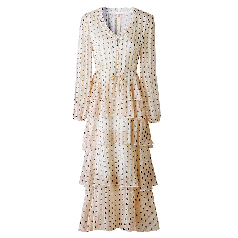 France style polka dots Dress Fashion lantern sleeves ruffles dress Women's V neck long party A017 | Женская одежда