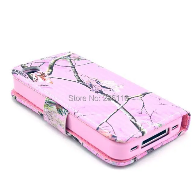 Pink Camo Tree Pattern PU Leather Case with Stand Cover for Apple iPhone 4 /4S Shell |