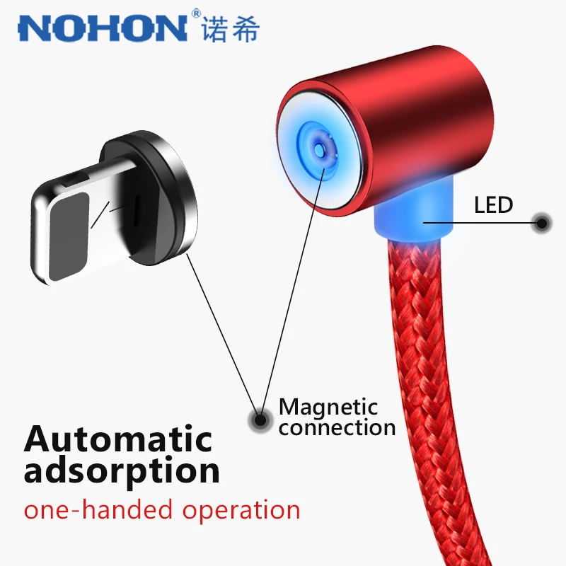 Магнитный зарядный кабель NOHON L-Shape для iPhone X 7 8 Plus XS MAX XR Micro USB Type C светодиодный