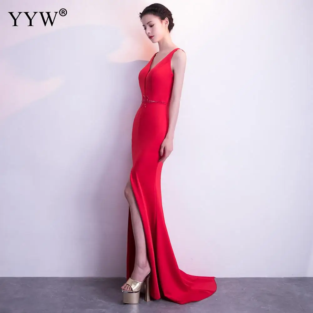 2019 женское Красное Белое длинное вечернее платье с большим разрезом V образным