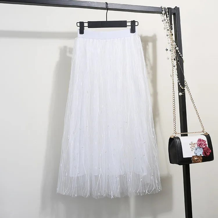White ZY922 ONLYWONG Женская плиссированная юбка средней длины с высокой талией, украшенная бусинами, женская черная розовая сетчатая юбка миди, Женские однотонные юбки из тюля - Цвет: White ZY922
