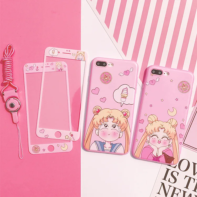 For iphone X Cardcaptor Sakura Case+Tempered Glass Screen Protector Film for iPhone 6 6s Plus 7 7plus 8 8plus Sailor Moon cover |