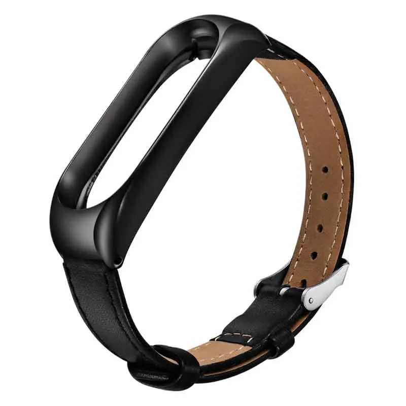 Цветной ремешок из натуральной кожи Pulsera Correa mi band 3 для Xiaomi mi Band 3 mi 3 Smart Bracelet спортивные наручные часы аксессуары - Цвет: Black