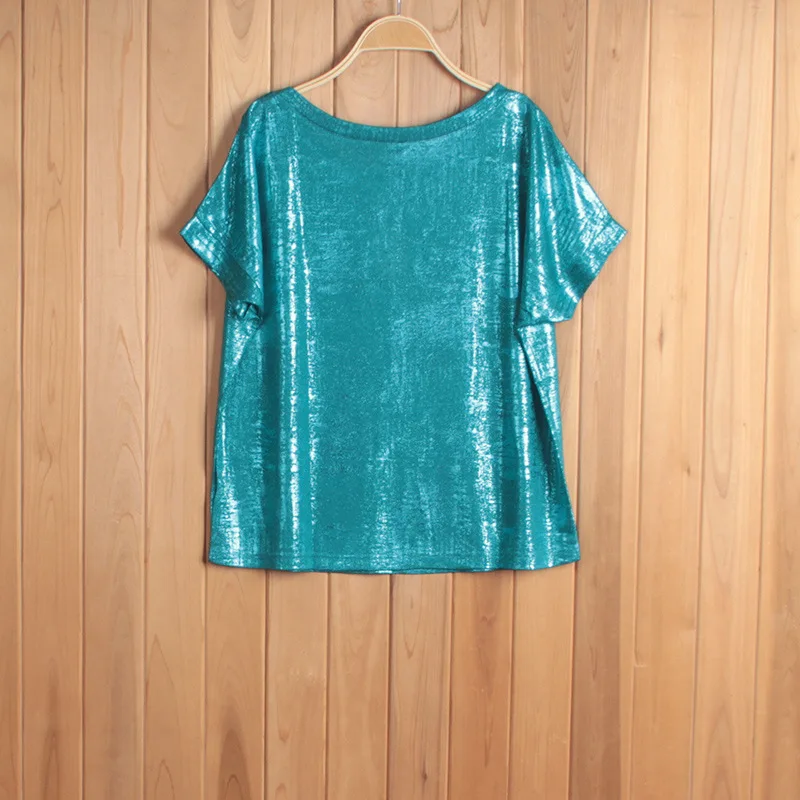 Сексуальная блестящая женская футболка с коротким рукавом и круглым