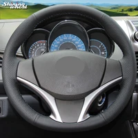 shining wheat hand stitched black leather car steering wheel cover for toyota yaris vios 2014 2016