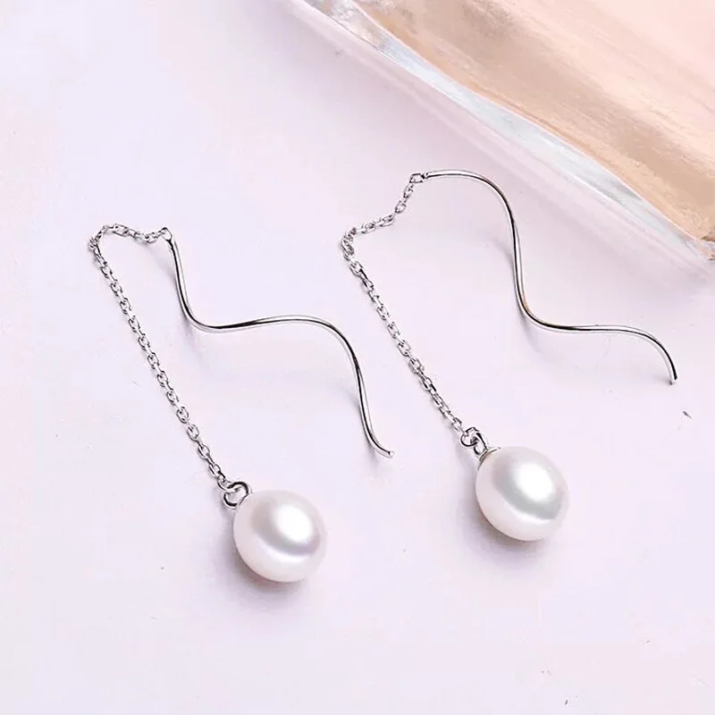 Fashion High quality Natural freshwater white Pearl Earring 925 sterling silver Long Ear line For women Girl party gift | Украшения и