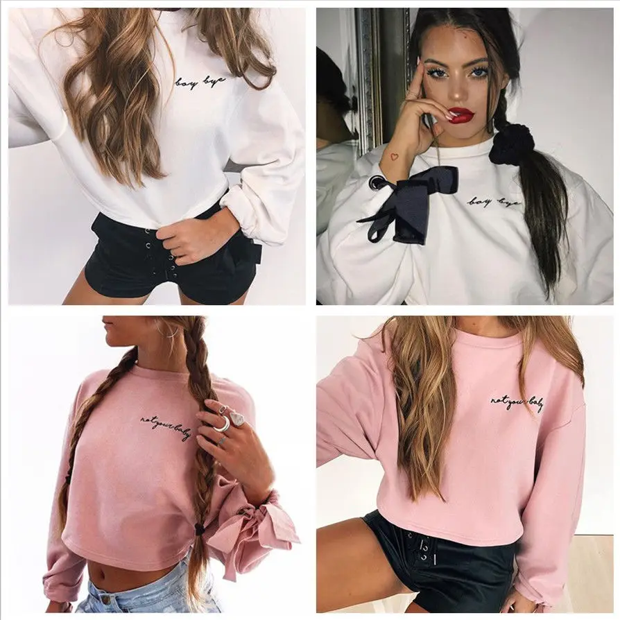 Модные женские летние и осенние белые розовые укороченные топы с длинным рукавом