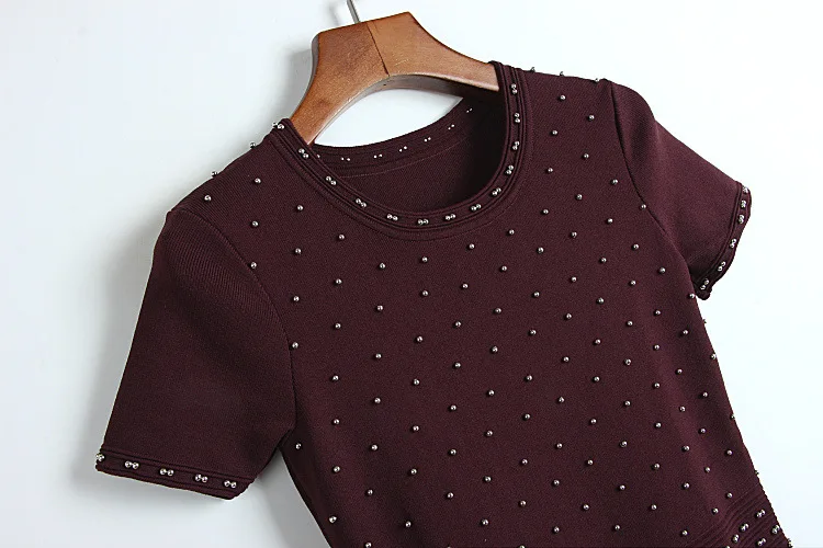 robe sexy Women Sweater Dress 2019 Elegant Short Sleeve Rivets Beaded Tunic Knitted Wine Red Female vestido de festa | Женская одежда