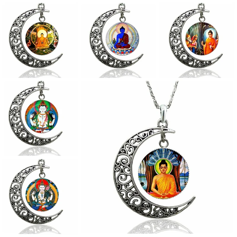 

Buddhist Crescent Moon Necklace Buddha Jewelry Glass Dome Cabochon Pendant Chain Good Luck Amulets for Lover Women Men Gift