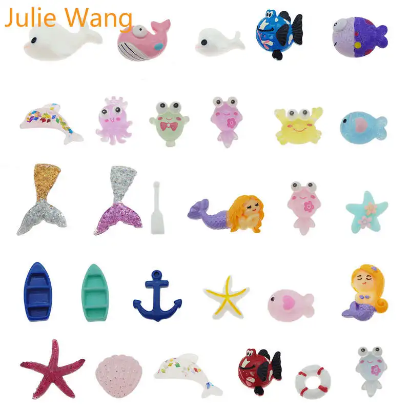 Julie Wang 30 шт. смолы морской пляж талисманы морской жизни русалок Морская звезда лодка рыба Кабошон из раковины Подвеска для изготовления ожерелья аксессуар