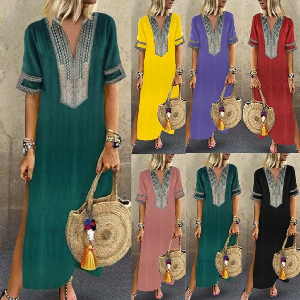 

Women fashion Summer Dresses Women V-Neck Short Sleeve Folk-Custom Print Vintage Long Dress vestidos femininos